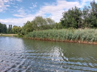 View from the middle of the river to the hilly banks overgrown with forest