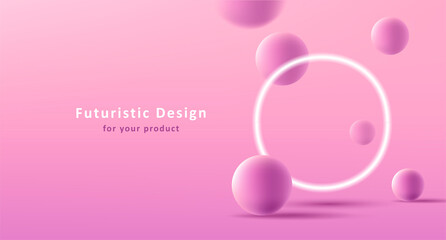 3d product backdrop with glowing neon circle and 3d spheres composition