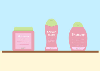 Hair care products shampoo, shower gel, hair mask one brand, on the bathroom shelf.