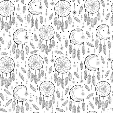 Hand drawn seamless pattern of dreamcatcher, feather, star. Bohemian talisman, boho ethnic style, magic tribal symbol. Vector sketch illustration for wallpaper, wrapping paper, fabric