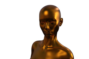 3D render portrait of a gold bald woman on a white background.
