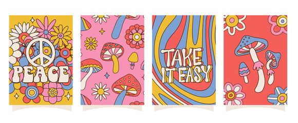 Groovy trippy A4 posters set with flowers, mushrooms, lettering quotes. Modern retro abstract design. Abstract trippy psychedelic smile pattern. 60s, 70s. Rave psychedelic banner. Vector illustration. - obrazy, fototapety, plakaty