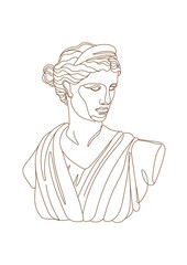One line Ancient Greek goddess statue. The Diana of Versailles or Artemis classical mythological sculpture. Vector art for design of posters, clothes, logo, invitations.