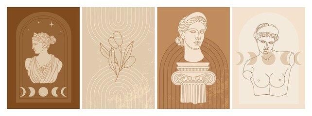 Set of abstract posters with goddess statue, abstract shapes, mystical elements and plants. The Diana of Versailles one line art. Illustration for social media, posters, invitation etc. Vector.