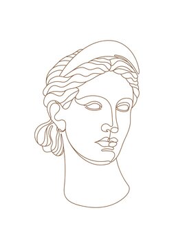 One line Ancient Greek goddess statue. The Diana of Versailles or Artemis classical mythological sculpture. Vector art for design of posters, clothes, logo, invitations.