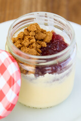 cheesecake, strawberry jam and ice cream