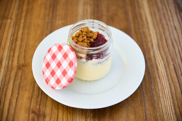 cheesecake, strawberry jam and ice cream