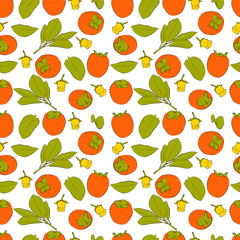 A set of seamless patterns of persimmons, leaves, fruits and flowers, 1000x1000 pixels. Vector graphics