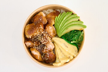 poke with chicken, salmon and avocado