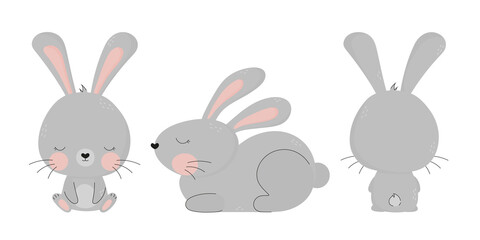Obraz na płótnie Canvas Collection of cute grey hand drawn bunnies