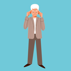 Grandpa is thinking, trying to remember. An elderly character with Alzheimers disease. Vector illustration in a flat style.