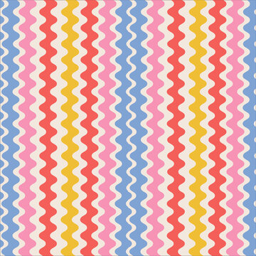 Retro striped wavy seamless pattern. 70s style abstract psychedelic waves flowing simple design. Summer wavy stripes childish fabric print. Geometric texture. Vector illustration.