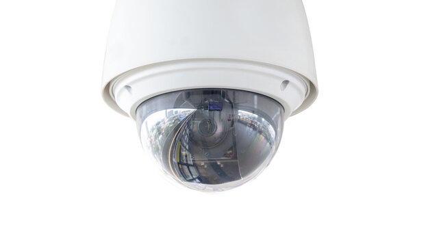 Closeup of white dome type cctv digital security camera isolated in white background.