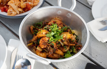 Spicy shrimp pot with various peppers and szechuan sauce
