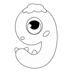 9.Funny Monsters Colorful Numbers, Cute Fantasy Aliens in the Shape of Numerals. Cartoon numbers from 0 to 9 icons are made in the form of human figures with big eyes and face. Arabic numerals. Vector