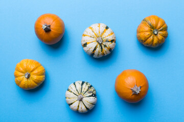 Autumn composition of little orange pumpkins on colored table background. Fall, Halloween and Thanksgiving concept. Autumn flat lay photography. Top view vith copy space