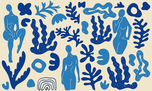 Big set of different stickers. Female sitting, plants, abstract forms. Inspired by Henri Matisse. Flat vector illustration, hand drawn cartoon.