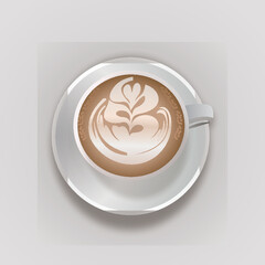 Realistic coffee cup. Espresso latte and hot drink cappuccino, front and top view 3D mockup. Vector illustration of coffee latte drink isolated on transparent background with floral latte art topping