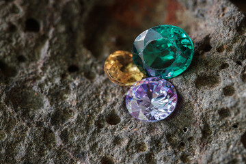 Natural Sapphire gemstone, Jewel or gems on black shine color, Collection of many natural gemstones on stone