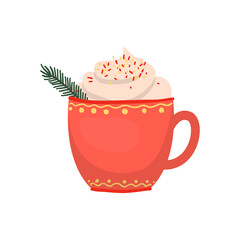 Christmas hot drink in colorful mug. Detailed New Years illustrations.