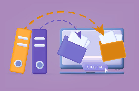 3d Transfer Folder Data. Digital File Moving To Cloud, Another Drive. The Completed Document Is Archived. Transferring Data, Loading Files. Access, Share Up Information, Upload, Backup Folder. Vector