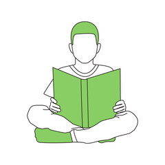 Child is sitting with a book or magazine. Reads or examines pictures. Line art and green color. Vector graphic.