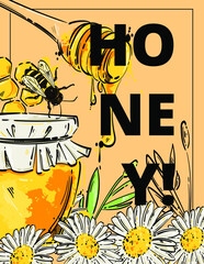 Vector abstract illustration. Banner design on the theme of honey. Natural product