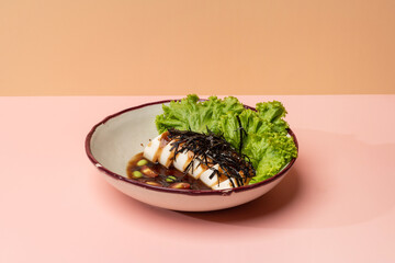 AGEDASHI TOFU served in a plate isolated on background side view of japanese fast food