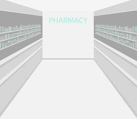 Fototapeta na wymiar Pharmacy interior in green and gray colors. There are shelves with medicines in the image. Vector illustration