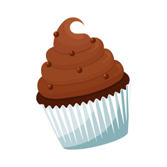 Sweet chocolate cupcake with chocolate icing cream. Sweet baked muffin. Junk food. Food with sugar. Festive food.