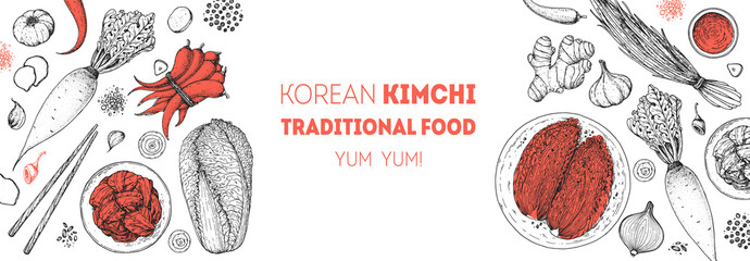 Kimchi cooking and ingredients for kimchi, sketch illustration. Korean cuisine frame. Healthy food, design elements. Hand drawn, package design. Asian food - obrazy, fototapety, plakaty