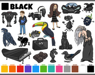 set with cartoon characters and objects in black