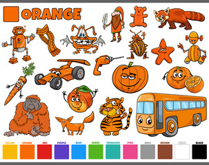 set with cartoon characters and objects in orange