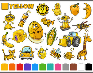 set with cartoon characters and objects in yellow