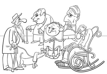 elder people characters group cartoon coloring page