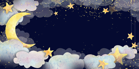 Horizontal frame with clouds, moon and stars with dark blue background. Children's, watercolor illustration. For registration and design of metrics, invitations, postcards, certificates, packaging