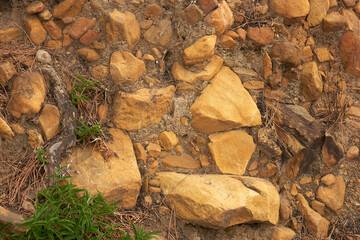 Above view of rocky landscape, boulders, stones along a remote hiking and trekking trail in nature. Scenery of rough terrain during outdoor hike. Exploring mother nature during recreation adventure