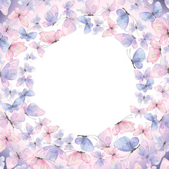 Fototapeta na wymiar Round frame of pink, lilac, blue butterflies. Watercolor illustration. For the design and decoration of postcards, invitations, certificates, posters, booklets, covers, advertisements, ads.