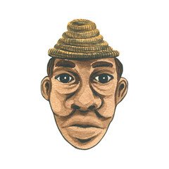 Clay mask of a black man in a hat. An isolated object from a large set of CUBA. Watercolor illustration. For decoration, design and compositions of prints, souvenirs, posters, postcards.