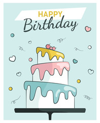Happy birthday greeting card. Celebration vector illustrations with cake. Vector illustration.	
