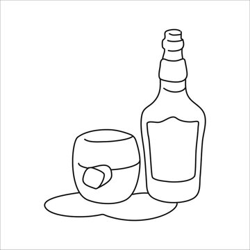 Whiskey bottle and glass outline icon on white background. Black white cartoon sketch graphic design. Doodle style. Hand drawn image. Party drinks concept. Freehand drawing style