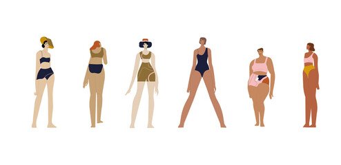 Diverse women set. Happy girls in bikini with different body types, shapes, figures, skin colors, races, weight and height. Females diversity. Flat vector illustrations isolated on white background.