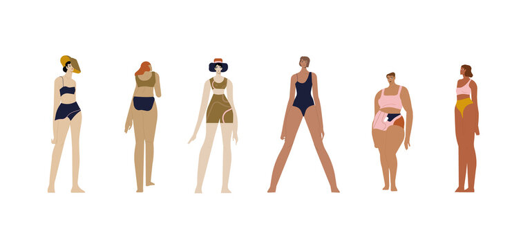 Diverse women set. Happy girls in bikini with different body types, shapes, figures, skin colors, races, weight and height. Females diversity. Flat vector illustrations isolated on white background.