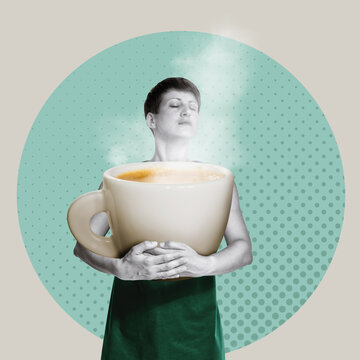 Barista with a huge cup of aromatic coffee. Art collage.