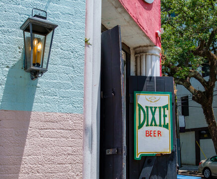 Dixie Beer Sign On Front Door Of Prytania Bar On June 16, 2022 In New Orleans, LA, USA