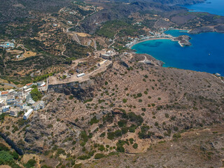 Breathtaking aerial panoramic view over Chora, Kythera by the Castle at sunset. Majestic scenery...