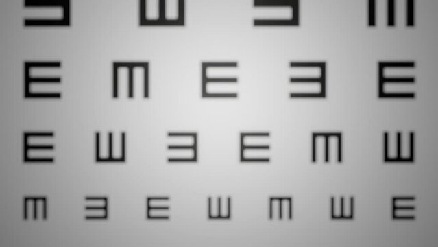 Presbyopia eye condition concept with scrolling eyechart going blurry, 3D animation in 4K UHD