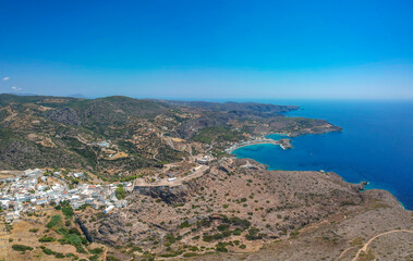 Breathtaking aerial panoramic view over Chora, Kythera by the Castle at sunset. Majestic scenery over Kythera island in Greece, Europe