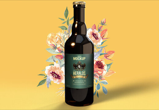 Premium Beer Bottle Mockup on a Spring Yellow Background with Flowers