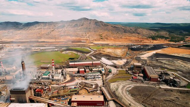 Aerial view of an industrial plant. Soil pollution with heavy metals. copper mining. Karabash, Chelyabisk region.